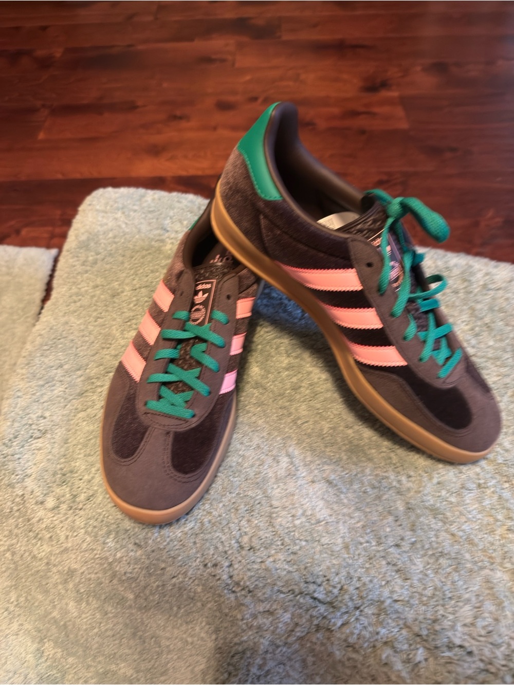 Adidas Women's Brown Suede and Velvet Sneakers with Pink Stripes/Green Accents - Picture 2 of 4